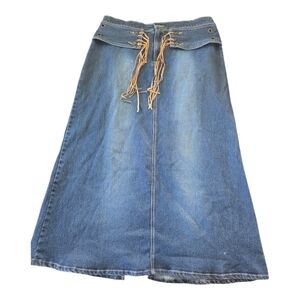 Jukebox Denim Fringe Maxi Skirt Women Sz 16 Blue Flare Back Slit Waist Belt